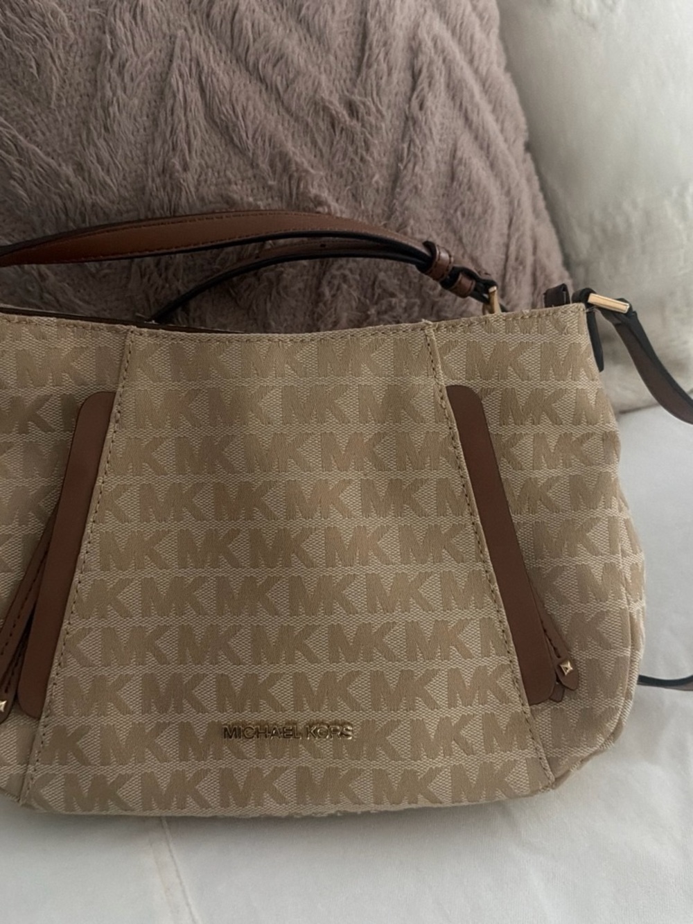 Michael Kors Beige and Brown Signature MK Shoulder Bag